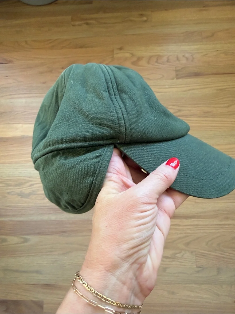 Vintage Eddie Bauer Sherpa Lined Earflap Cap Green Cotton Trapper Hat S/M